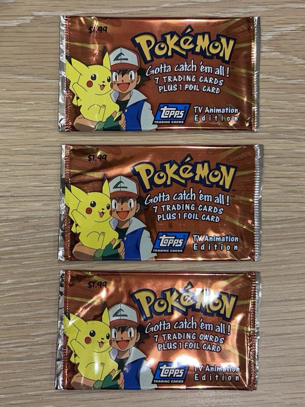 Topps 1999 Pokemon Booster Packs - 3 Empty Wrappers - Pikachu Art No Cards